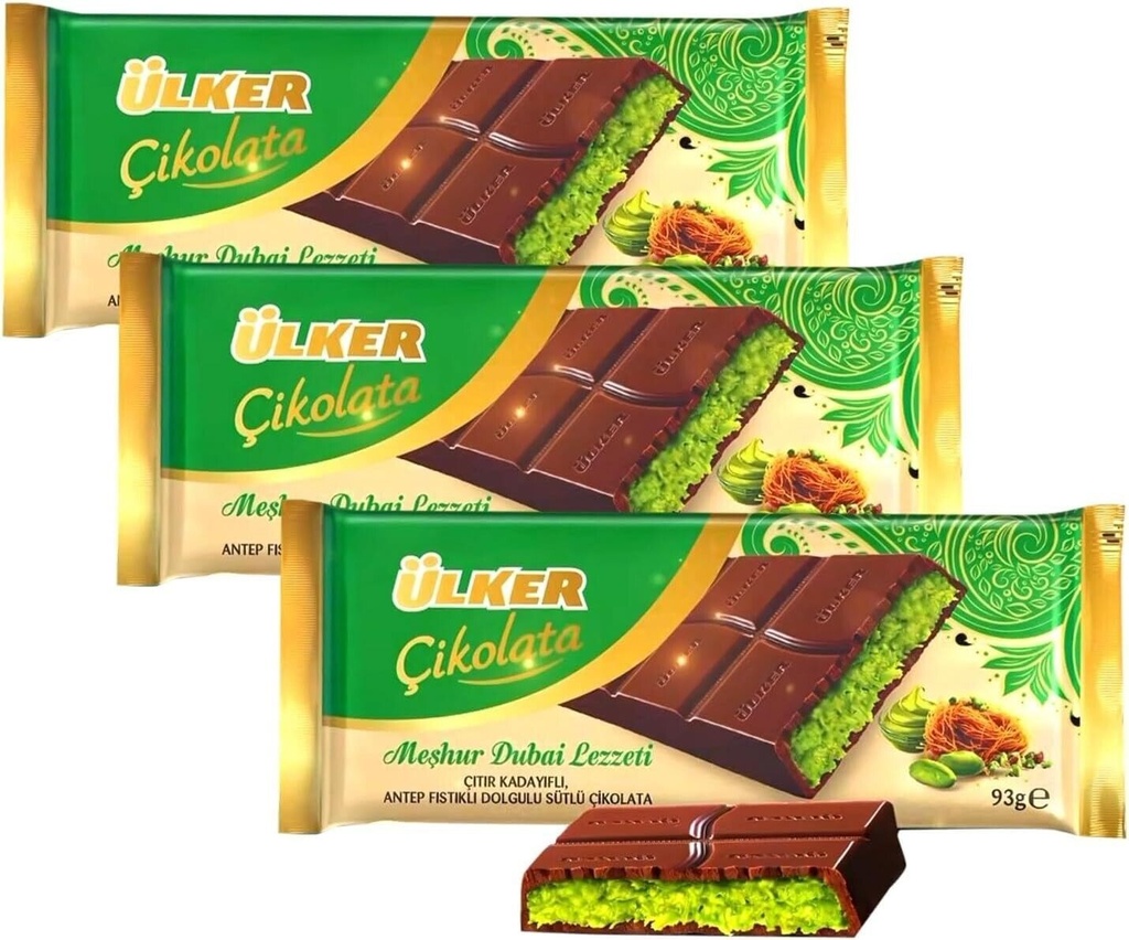 Ulker Dubai Chocolate Bar Pistachio 3x93 Gr (3x3.28 Fl Oz) Premium Pistachio