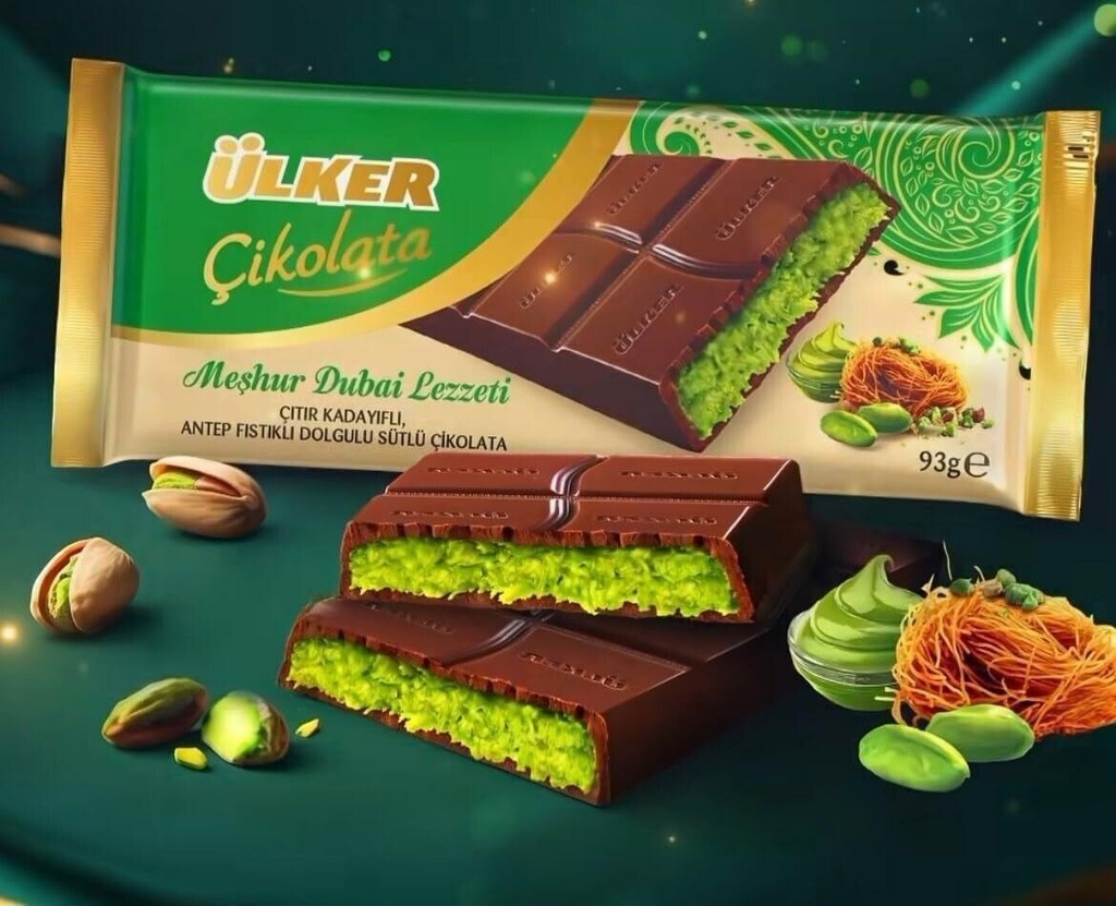 Ulker Dubai Chocolate Bar Pistachio 3x93 Gr (3x3.28 Fl Oz) Premium Pistachio