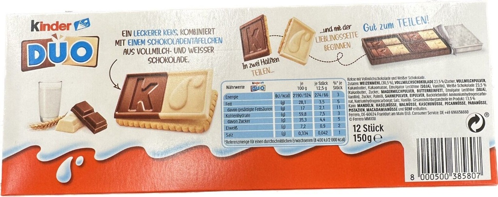 Kinder Duo White & Milk Chocolate Biscuits 12 Bars 5.3oz $2.45/oz